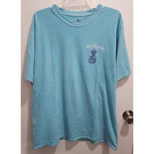 Six Flags Fiesta Texas Light Blue Paisley‎ Pineapple T-Shirt Size XL 100% Cotton